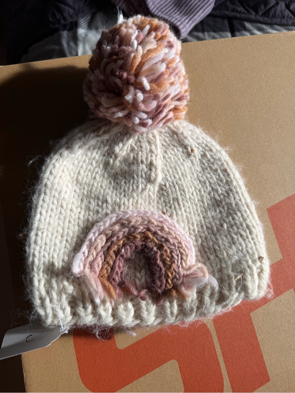 Cream Kids Knit Beanie with Pink Rainbow Pom
